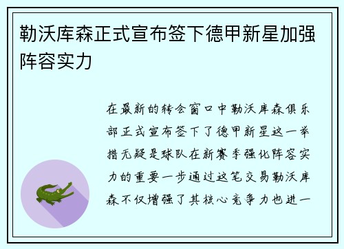 勒沃库森正式宣布签下德甲新星加强阵容实力